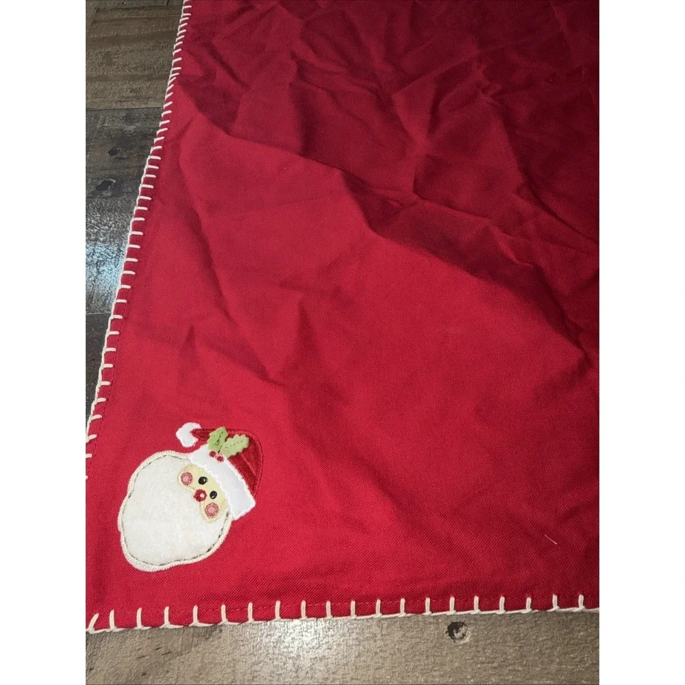 Vtg Christmas Cotton Tablecloth Topper 39x39 Red Applique Santa Snowman Tree